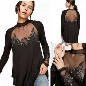 Free People Saheli Embroidered Sheer Mesh Top Black, Medium
